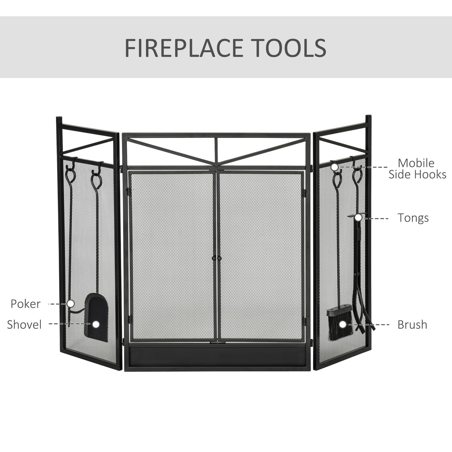 3-Panel Folding Fireplace Screen with 2 Magnetic Doors and Fire Place Tools Set