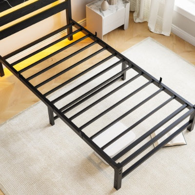 Twin Size Bed Frame Heavy Duty Platform Bed Frame With Headboard, USB Charging Station, LED Bed, No Box Spring Needed, Mattress Foundation, Strong Steel Slats, Noise Free, Black