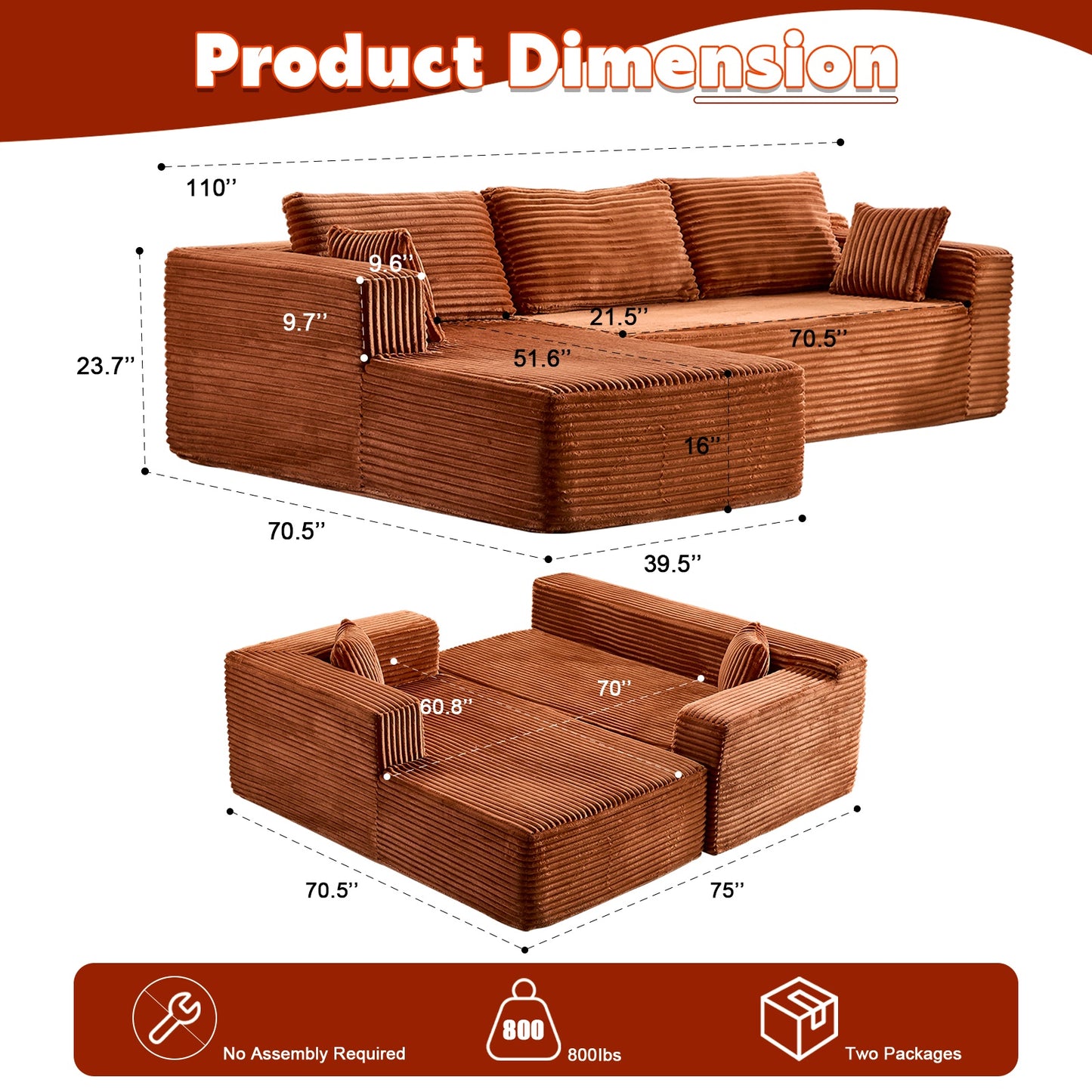 Compression Sectional Couch With Comfy Chaise, Boneless L Shape Sofa With Deep Seat, Minimalist Modular Couches Sleeper For Living Room Bedroom Apartment Lounge,Corduroy,Brown