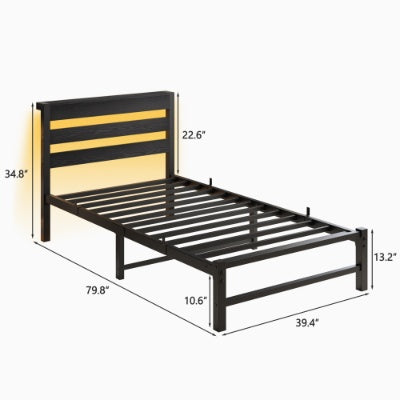 Twin Size Bed Frame Heavy Duty Platform Bed Frame With Headboard, USB Charging Station, LED Bed, No Box Spring Needed, Mattress Foundation, Strong Steel Slats, Noise Free, Black