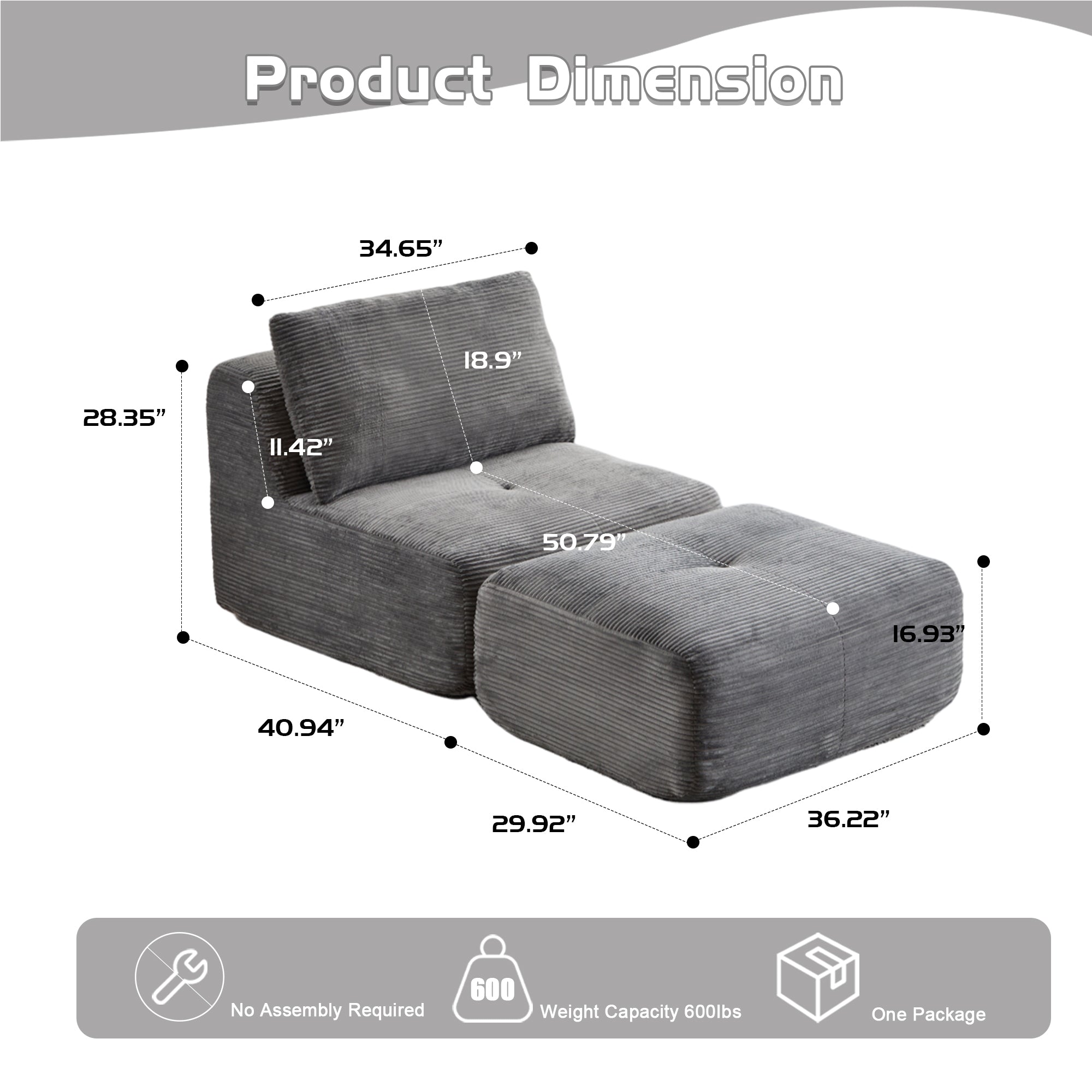 Grey Corduroy Sectional Sofa Modular Memory Foam