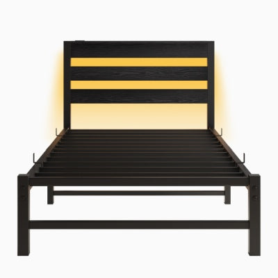 Twin Size Bed Frame Heavy Duty Platform Bed Frame With Headboard, USB Charging Station, LED Bed, No Box Spring Needed, Mattress Foundation, Strong Steel Slats, Noise Free, Black