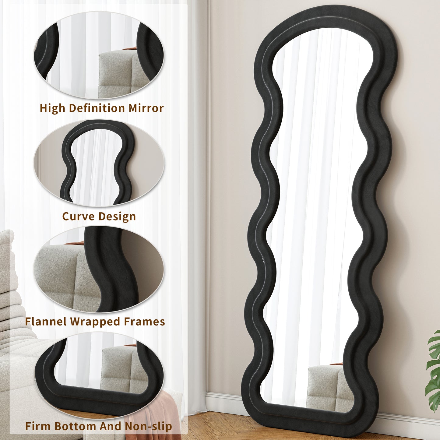 Flannel Full Length Wave Black Floor Mirror With Stand For Bedroom Living Room Hanging Or Against The Wall