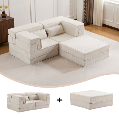 Compression Mahjong Sofa,Convertible Floor Sofa Bed,DIY Boneless Modular Sectional Sofa,No Assembly Required,Circle Fleece Fabric,Oversized 2 Seater With 1 Ottoman,White