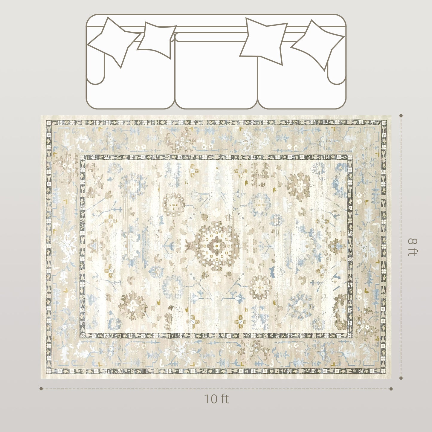 8x10 Area Rug, Indoor Boho Machine Washable Carpet For Living Room, Bedroom, Dining Room, Kitchen, Blue