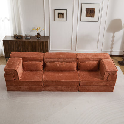 Compression Mahjong Sofa,Convertible Floor Sofa Bed,DIY Boneless Modular Sectional Sofa,No Assembly Required,Circle Fleece Fabric,Oversized 3 Seater With 3 Pillows,Orange