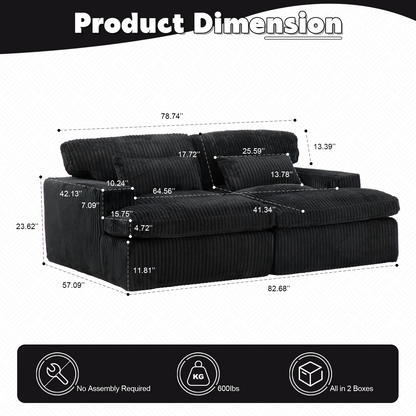 Double Chaise Lounge Chair Indoor,Oversized Upholstered Sleeper Cloud Couch,Deep Seat Luxury Sofa Bed,Sectional Sofa Chaise Love-seat,Corduroy Reading Chair For Living Room,No Assembly Required,Black