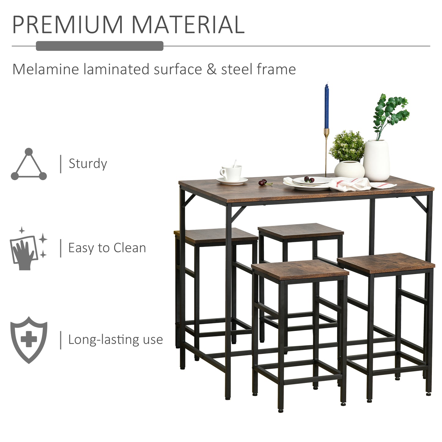 5 Piece Modern Dining Table and 4 Stools Industrial Dining Set with Footrest & Legs