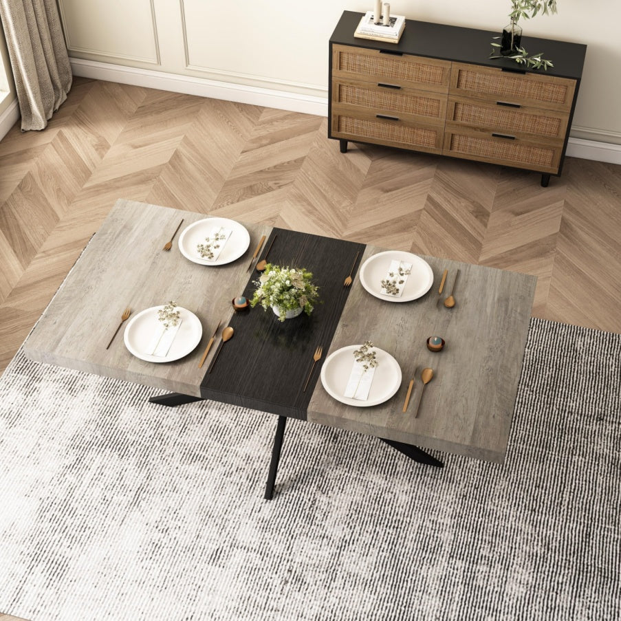 55.11-70.86 Retro Rectangular Stretch Dining Table, Grey Carole Top With Black Embossed Center Pl