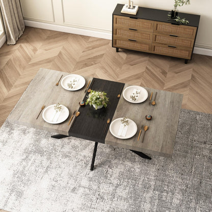 55.11-70.86 Retro Rectangular Stretch Dining Table, Grey Carole Top With Black Embossed Center Pl