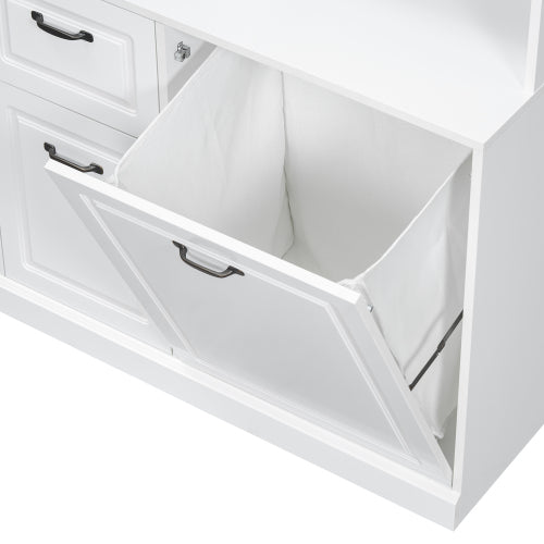 Bathroom Storage Cabinet With Tilt-Out Hamper, 70.9'' Tall Free Standing Organizer With Drawers & Adjustable Shelves, MDF Linen Tower With Steel Handles, White Finish