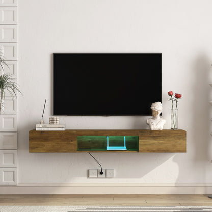 Floating TV Stand, Wall Mounted TV Shelf With LED Lights & Power Outlet,Wall Mounted Floating TV Stand With 16 Color LEDs-brown