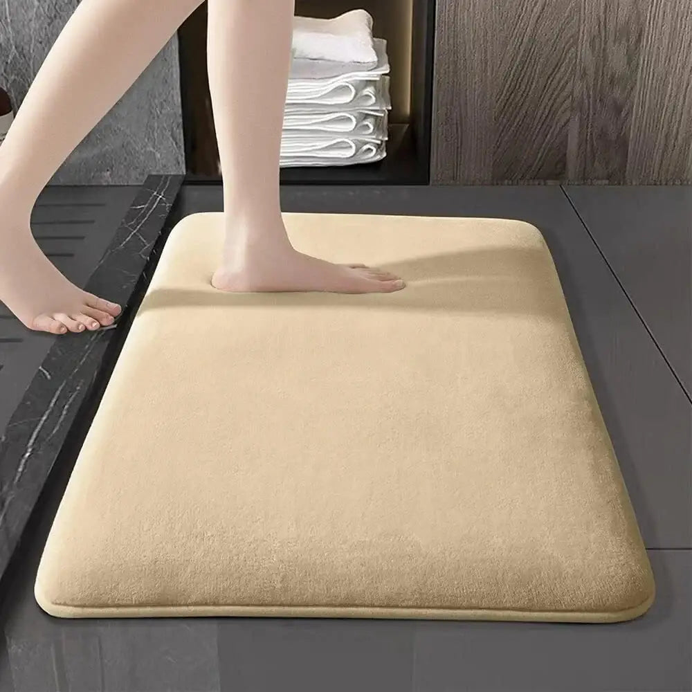 Beige decorbites absorbent coral velvet bathroom door mat with soft textured surface and rounded edges velvet floor mat