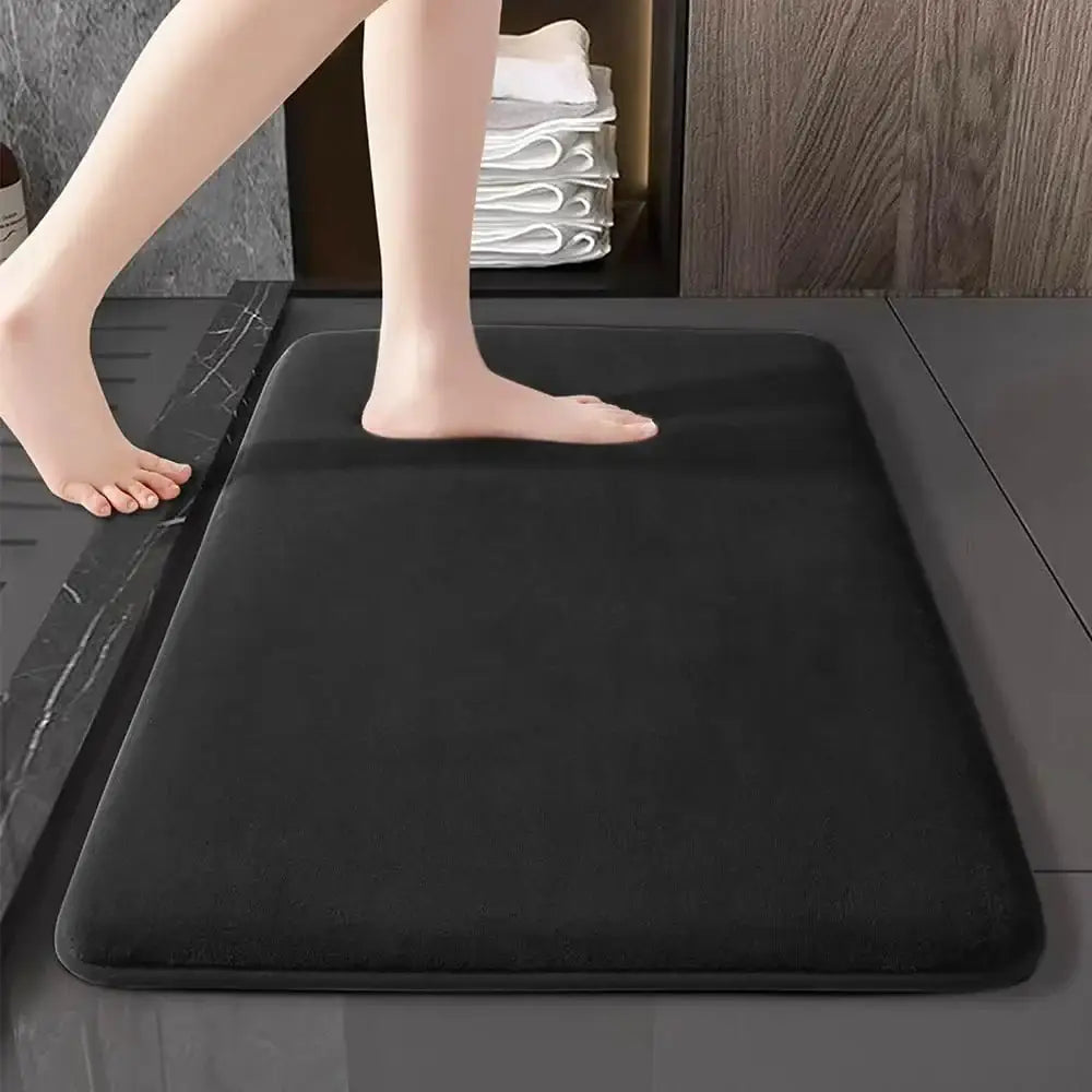 Black rectangular decorbites™ absorbent coral velvet bathroom door mat with soft plush velvet floor texture and rounded corners