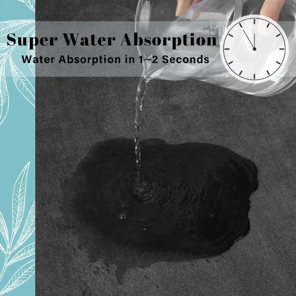 Black textured coral velvet bathroom door mat rapidly absorbing water showcasing velvet floor mat absorbency