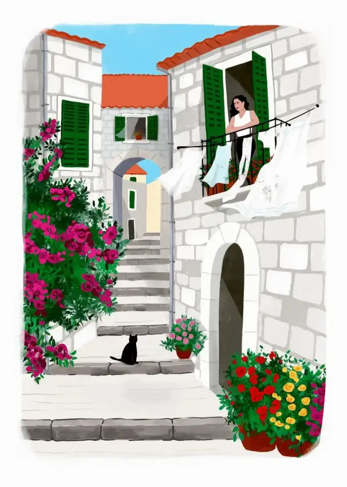 Decorbites™ abstract beach body canvas print featuring a black cat on stone steps under vibrant flowering plants for home decor