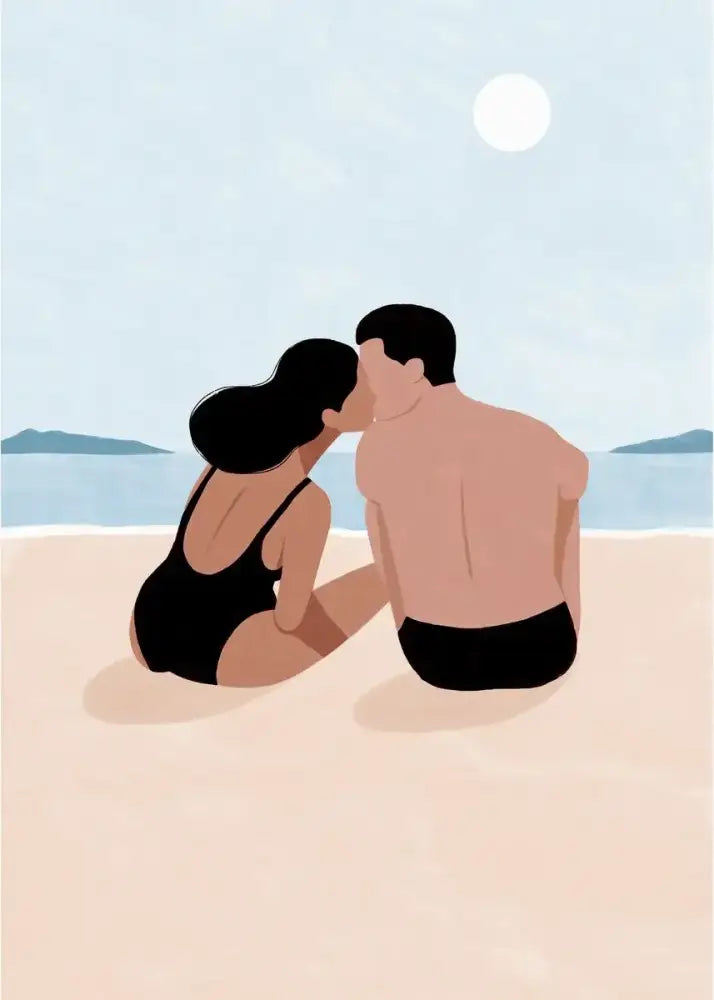 A minimalist abstract beach body canvas print by DecorBites featuring a couple in black swimwear for home decor