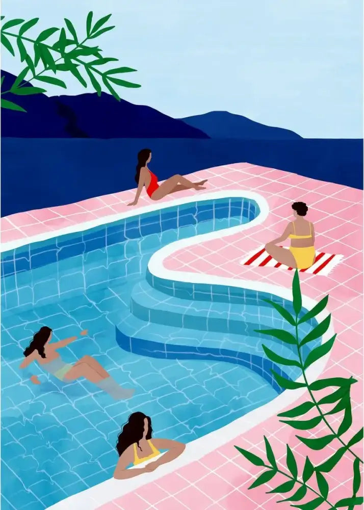 Decorbites™ abstract beach body canvas print featuring a turquoise pool with pink tiled edges for home decor