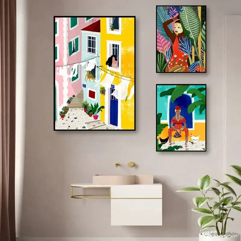 Three colorful framed decorbites™ abstract beach body canvas prints hang above a modern white vanity for home decor