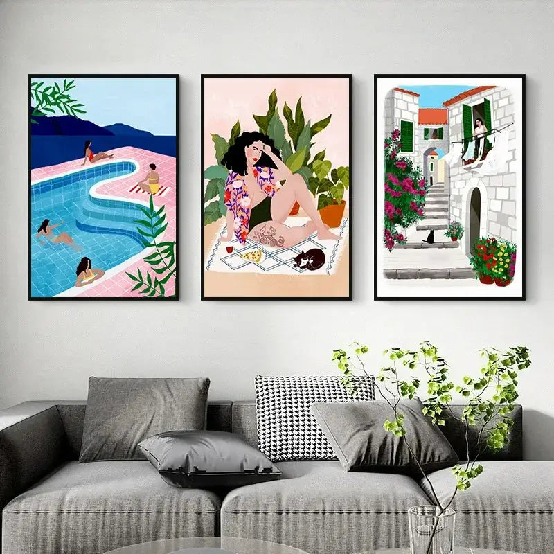 Three framed illustrated wall art featuring abstract beach body canvas print with poolside and mediterranean scenes for home decor