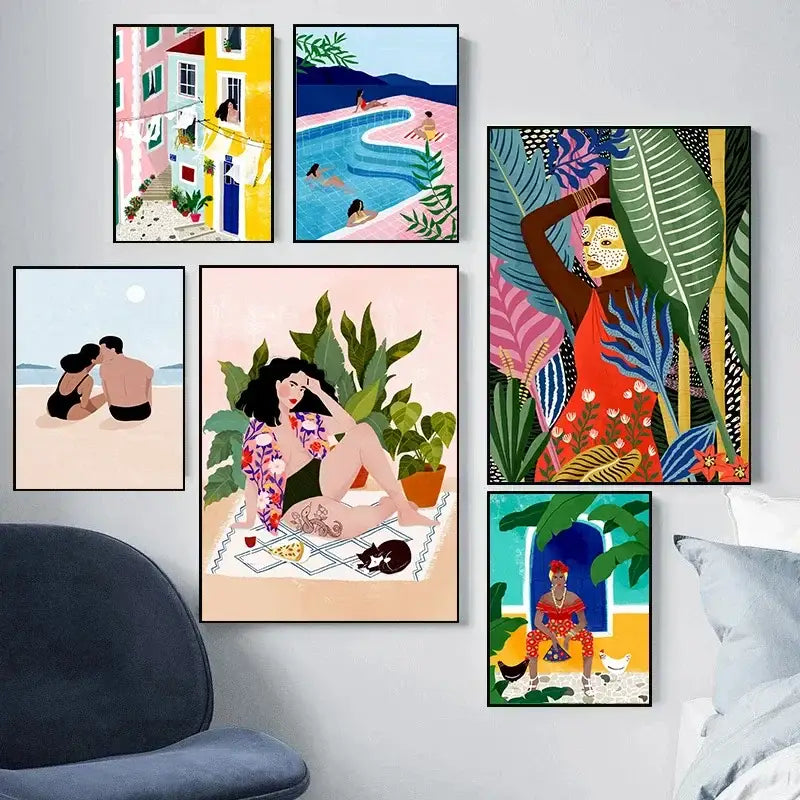DecorBites™ abstract beach body canvas print with vibrant tropical scenes and bold patterns perfect for home decor