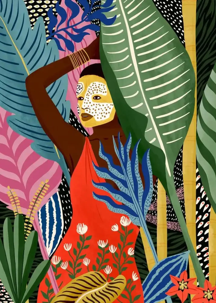 A vibrant red dress with white floral patterns featured on decorbites™ abstract beach body canvas print for home decor