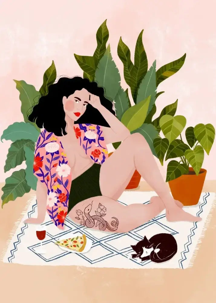 A woman with curly black hair lounges on a patterned rug in vibrant floral kimono on the DecorBites™ abstract beach body canvas print for home decor