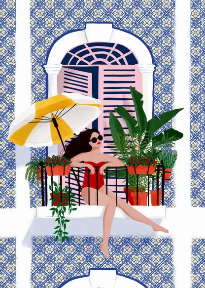 A decorbites™ abstract beach body canvas print featuring a woman in a red swimsuit under a striped umbrella for home decor