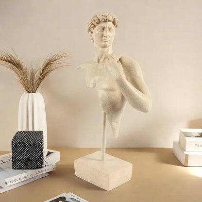 Cream-colored david bust resin sculpture on a matching square base for abstract living room decor