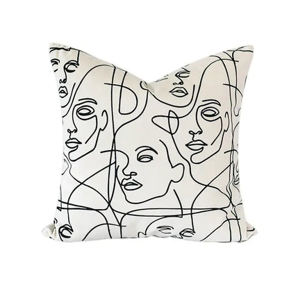 Cream-colored pillow cover with abstract line-art faces in black for decorbites beige textured pillow decorbites beige textured pillow cover