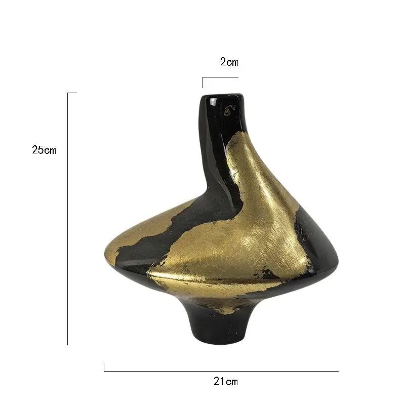 Black and gold abstract ceramic vase with glossy finish featuring gold foil pattern for living room decor