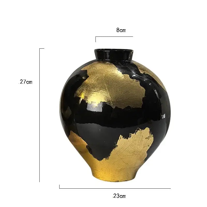Abstract black and gold foil pattern ceramic vase with glossy finish for elegant living room decor