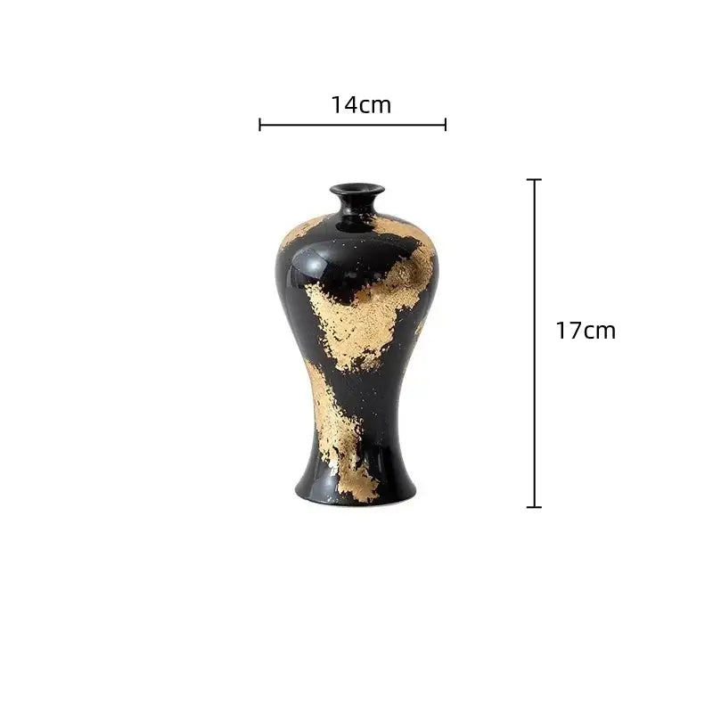 Elegant black ceramic vase with gold foil pattern accents, 14cm wide and 17cm tall, ideal for living room decor