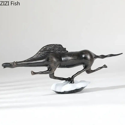 Dark bronze horse figurine with flowing mane on white cloud base complementing decorbites bull statue metal decor