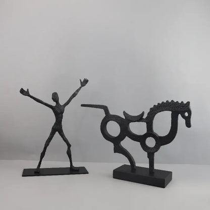 Abstract black geometric couple cast iron sculpture of human figure and horse on bases for home decor by decorbites