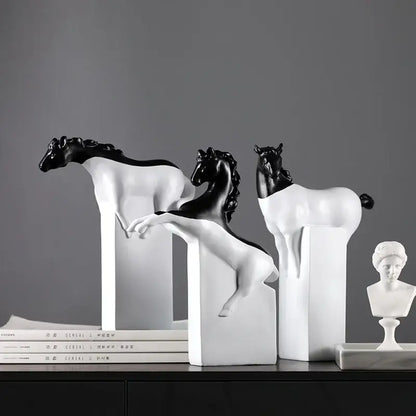 Three minimalist black and white resin horse abstract sculpture figurines on white bases for living room decorbites golden horse