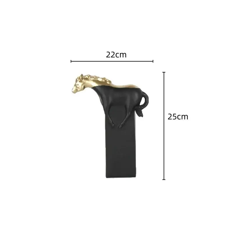 Glossy black and gold resin decorbites horse statue standing on a rectangular base for living room decor