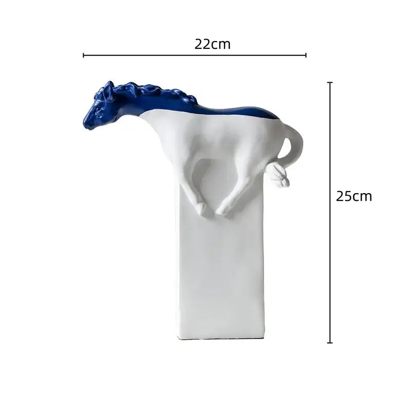 A sleek white ceramic vase with a glossy blue horse figurine atop detailed in the decorbites horse statue collection