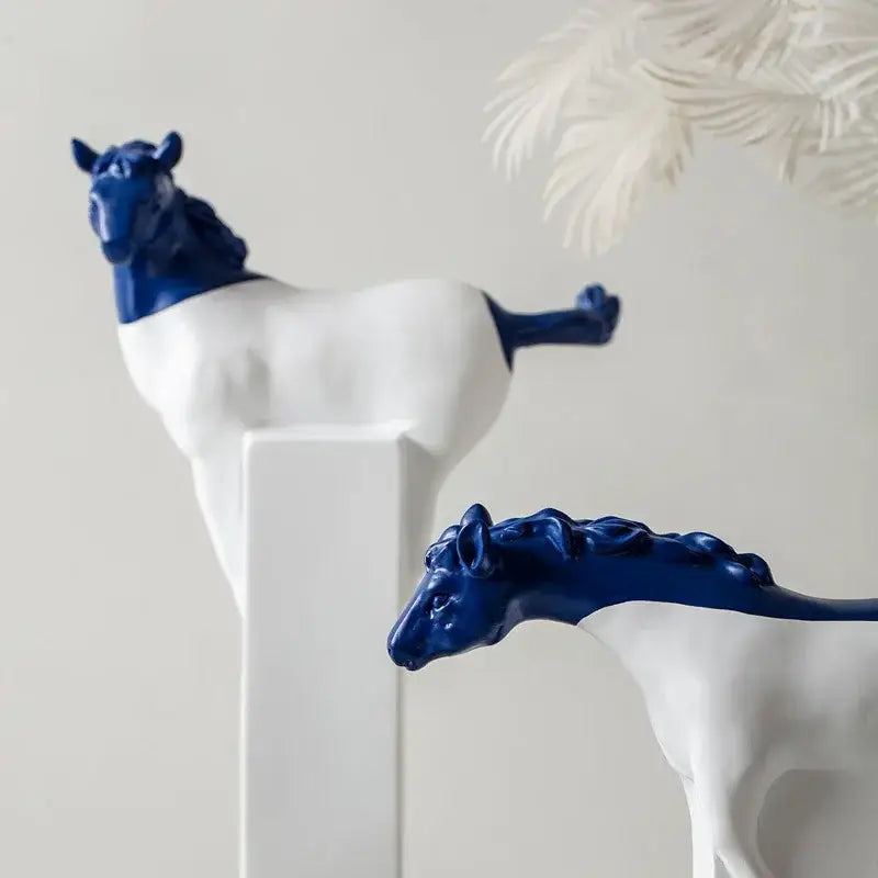 Blue and white ceramic decorbites horse statue with glossy finish suitable for living room resin sculpture decor