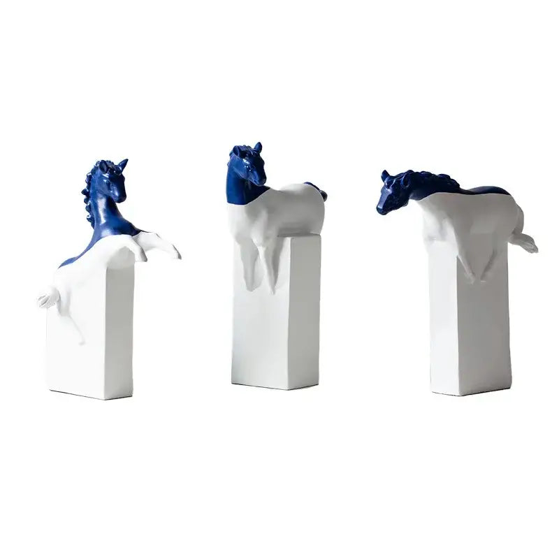 Set of three modern blue and white ceramic horse statues on minimalist pedestals for decorbites horse statue decor