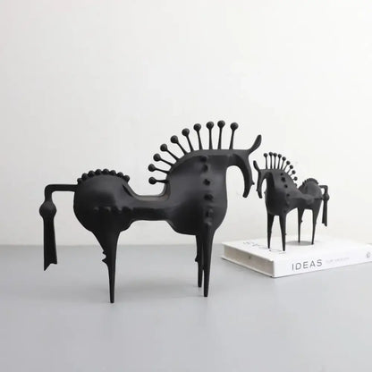 Abstract black horse metal sculpture with spiky mane and textured surface decorative figurine for living room decorbites