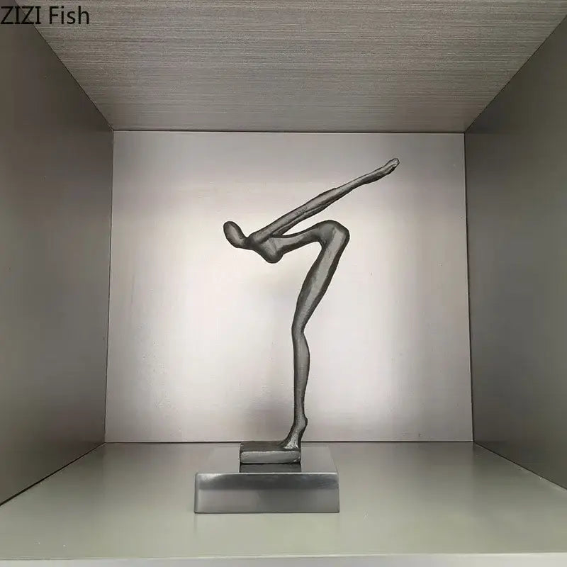 Silver abstract metal gymnast statue desk ornament in mid-motion on rectangular base for decorbites gymnast statue