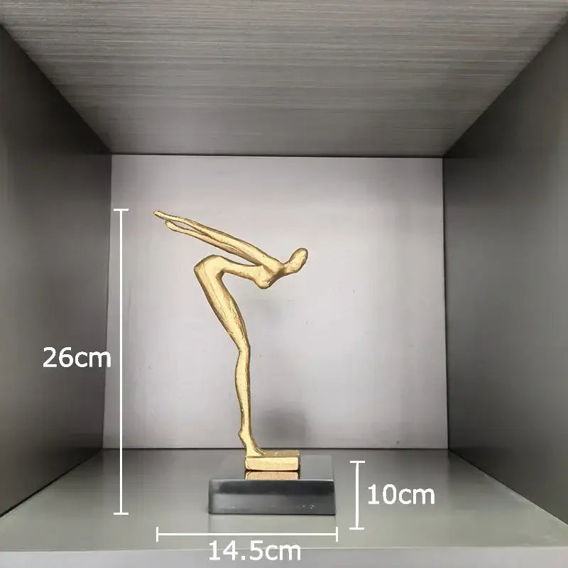 Golden abstract figurine gymnast statue desk ornament on dark rectangular base for decorbites gymnast statue display