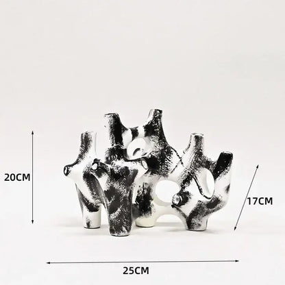 Abstract black and white ceramic coral reef piping sculpture with organic branching forms home decor figurine