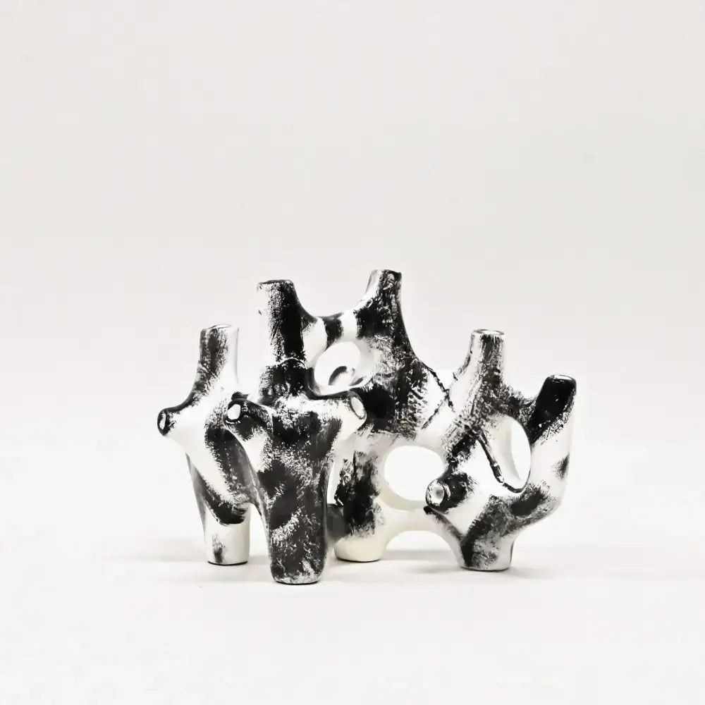 Abstract black and white ceramic coral reef piping sculpture with organic branching forms home decor figurine