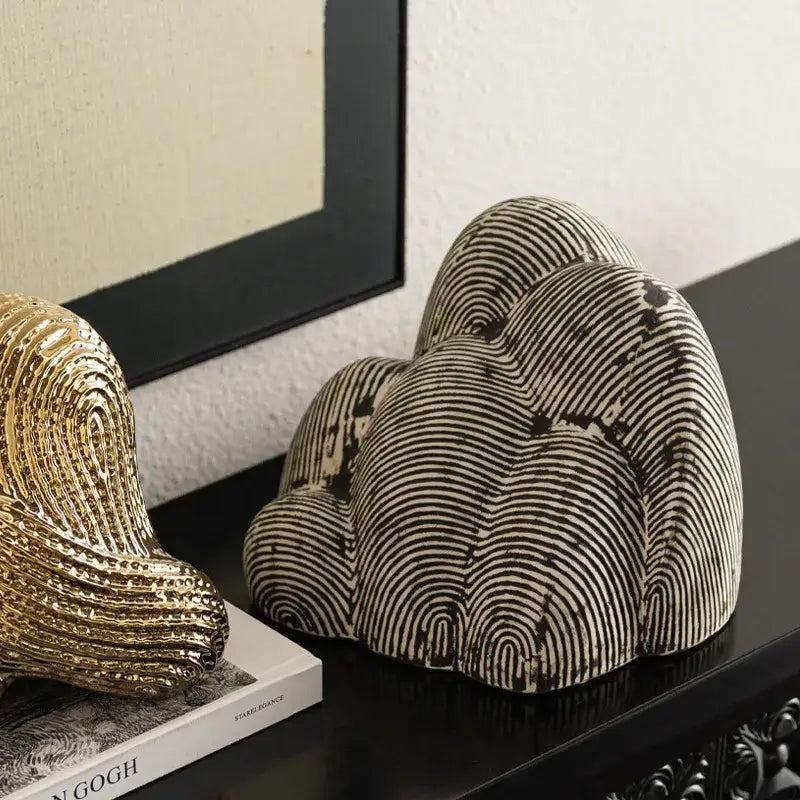 Abstract black and white ceramic geometric stone rockery sculpture with textured wave pattern for living room decor