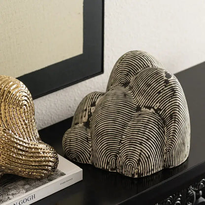 Abstract black and white ceramic geometric stone rockery sculpture with textured wave pattern for living room decor