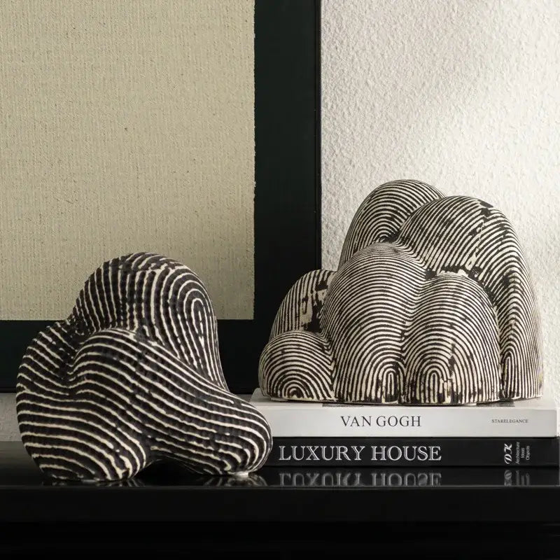 Abstract black and white geometric stone rockery bookends with cloud-like organic shape in ceramic for living room decor