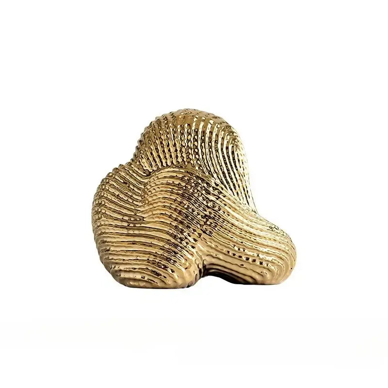 Golden textured ceramic geometric stone rockery sculpture with wavy ridges and glossy finish for living room decor