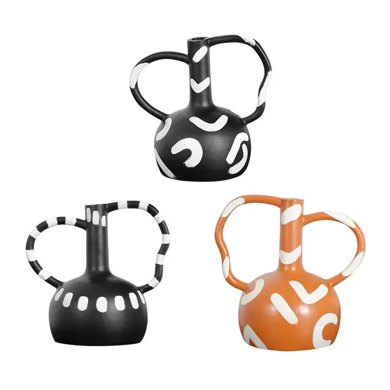 Abstract handle black and orange ceramic geometric striped vase with white patterns for living room decorbites decor